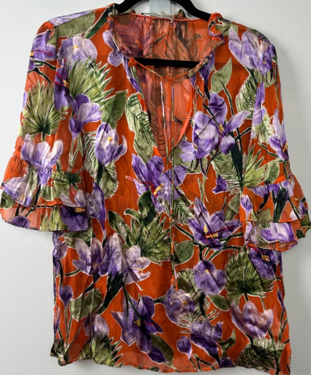 Alice + Olivia L Floral Leaf Print Tiered Blouse Floral Palm Coral Silk Bl C27